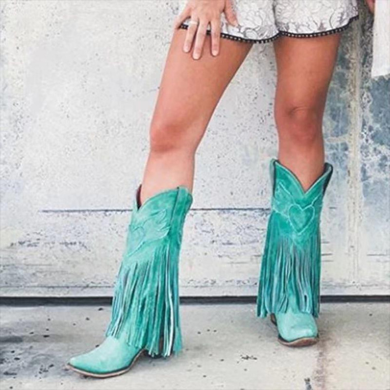 Women's western fringe boots pointed toe mid calf cowboy boots