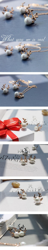 Jewelry Women's Girl's Alloy Steel Round Clear Zirconia Pearl Stud Earring and Necklace for Christmas party