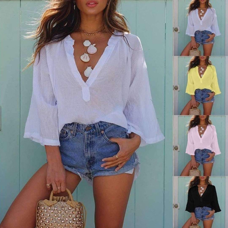 Deep V neck shirt loose casual long sleeve T-shirt