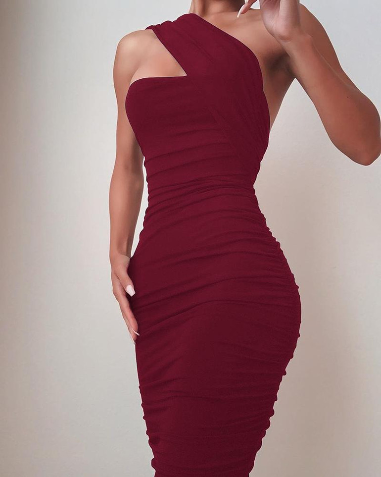 One Shoulder Sleeveless Ruched Bodycon Dress