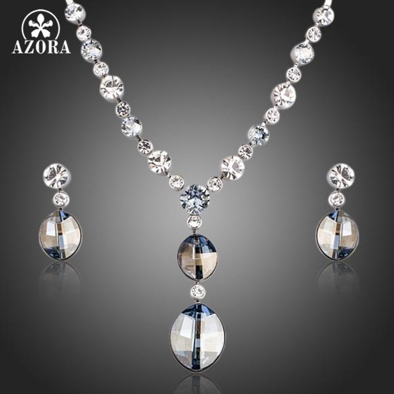 AZORA Simple Design Ellipse Stellux Austrian Crystal Pendant Necklace and Drop Earrings