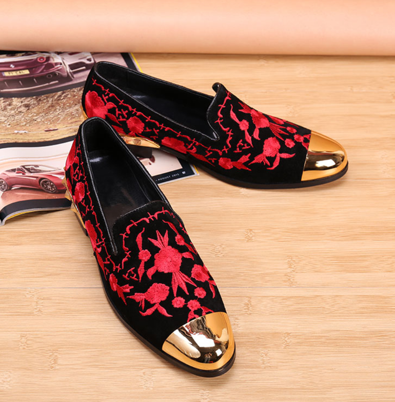 Embroidered Suede Gold Toe Loafers