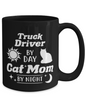 Truck Driver Cat Mom By Night 15 oz Black Coffee Mug, Gift For Cat Loving Truck Drivers, Novelty Coffee Mugs Gift For Her, Birthday Present Ideas For Cat Loving Truck Drivers