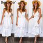 BerryGo v neck sexy lace summer dress women Strap button casual white dress female Streetwear backless midi dress vestidos 2018