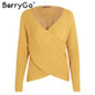 BerryGo Sexy V neck cross knitting winter sweater women Autumn pull knit casual jumper Fashion down sleeve pullover female 2017
