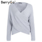 BerryGo Sexy V neck cross knitting winter sweater women Autumn pull knit casual jumper Fashion down sleeve pullover female 2017