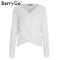 BerryGo Sexy V neck cross knitting winter sweater women Autumn pull knit casual jumper Fashion down sleeve pullover female 2017