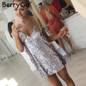 BerryGo Sexy silver sequin women dress Deep v neck sleeveless short dress Elegant evening party dresses casual summer vestidos