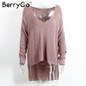 BerryGo Sexy off shoulder split knitted sweater Women brand black pullovers knitwear Autumn winter 2016 white jumper pull femme
