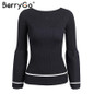 BerryGo Elegant knitted pullover sweater Women warm gray long sleeve jumper Autumn winter 2017 black knitting o neck pull femme