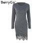 BerryGo Elegant gray bodycon sexy dress Winter evening party long sleeve lace dress Women floral tassle casual vestido de fiesta