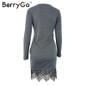 BerryGo Elegant gray bodycon sexy dress Winter evening party long sleeve lace dress Women floral tassle casual vestido de fiesta