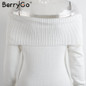 BerryGo Autumn winter off shoulder knitted bodycon dress Women sexy long sleeve party dress 2016 short white dresses vestidos