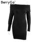 BerryGo Autumn winter off shoulder knitted bodycon dress Women sexy long sleeve party dress 2016 short white dresses vestidos