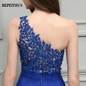 BEPEITHY Royal Blue Chiffon Long Prom Dresses 2017 One Shoulder Lace Vintage Evening Dress Vestidos De Festa