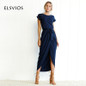 ELSVIOS Bohu Split Long Dress 2017 Fashion Women O-Neck Loose Maxi Dress Summer Short Sleeve Solid Dress With Belt Vestidos