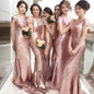 Rose Gold Sequin Mermaid Bridesmaid Dresses Long 2017 Short Sleeves Backless Wedding Party Dresses Cheap Formal Dresses