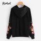 ROMWE Flower Embroidery Boho Hoodies Black Casual Women Pocket Front Hooded Sweatshirt 2017 Fall Drawstring Long Sleeve Hoodies