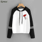 ROMWE Contrast Striped Sleeve Hoodies Women Rose Print Hoodie Patchwork Sweatshirt 2017 Autumn New Graphic Long Sleeve Hoodies