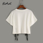 ROMWE Casual Printed T shirt Women Crop Tops Women 2018 Summer White Letter Print Short Sleeve Lace-Up Crop T-shirt