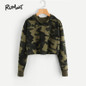 ROMWE Camo Print Crop Hoodie Green Long Sleeve Sexy Casual Women Hooded Sweatshirt Fall 2018 New Fashion Short Brief Hoodies
