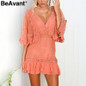 BeAvant Chiffon ruffle summer dress Women batwing sleeve streetwear causal dress Hollow out pink short dress spring vestidos
