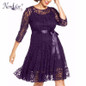 Nemidor Autumn Women Elegant 3/4 Sleeve Retro Embroidery A-line Lace Dress O-neck Plus Size Belted Party Midi Swing Dress