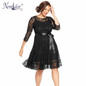 Nemidor Autumn Women Elegant 3/4 Sleeve Retro Embroidery A-line Lace Dress O-neck Plus Size Belted Party Midi Swing Dress