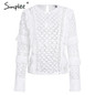 Simplee Ruffle lace blouse shirt women Hollow out floral white blouse female tops Elegant fashion chiffon blouse autumn 2017
