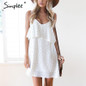 Simplee Ruffle chiffon polka dot summer dress Vintage soft black backless short dress Women causal beach white dress vestidos