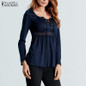 2018 Autumn Sexy Blouses ZANZEA Women V Neck Long Sleeve Lace Splicing Solid Blusas Tops Casual Plus Size Shirts Oversized