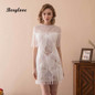 BeryLove Sexy Short White Cocktail Dresses 2018 Mini Beaded Tassel Sheath Cocktail Party Dresses Sheer Women Prom Party Gowns