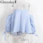 Glamaker Sexy plaid off shoulder blouse shirt women striped backless Slim elegant beach blouse shirt blusas women tops summer