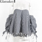 Glamaker Sexy plaid off shoulder blouse shirt women striped backless Slim elegant beach blouse shirt blusas women tops summer