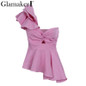 Glamaker Sexy one shoulder plaid ruffle blouse shirt Women casual asymmetrical blouse blusas Female hollow out blouse chemise