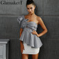 Glamaker Sexy one shoulder plaid ruffle blouse shirt Women casual asymmetrical blouse blusas Female hollow out blouse chemise