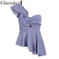 Glamaker Sexy one shoulder plaid ruffle blouse shirt Women casual asymmetrical blouse blusas Female hollow out blouse chemise