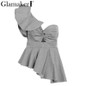 Glamaker Sexy one shoulder plaid ruffle blouse shirt Women casual asymmetrical blouse blusas Female hollow out blouse chemise