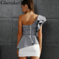 Glamaker Sexy one shoulder plaid ruffle blouse shirt Women casual asymmetrical blouse blusas Female hollow out blouse chemise