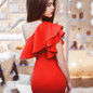 DeRuiLaDy Sexy Women Dress Sleeveless Off Bodycon Dresses Fashion Autumn Summer Sexy Ruffles Blue Red Party Dress Vestidos