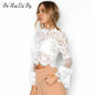 DeRuiLaDy Sexy Hollow Out White Lace Blouse Shirt Women Elegant Flare Sleeve Summer Blouses Female Casual Long Sleeve Tops Blusa