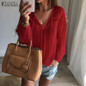 2016 Autumn ZANZEA Women Blouses Shirts Casual Loose Lace Tops Solid Sexy V Neck Long Sleeve Splice Hollow Out Blusas Plus Size