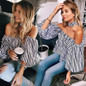 2018 Elegant Blouses Floral Tops Plain Blue Off the Shoulder Elegant Sexy Shirts Women Tops Summer Blouse Blusas with Choker