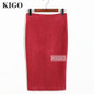 KIGO Autumn Women Suede Pencil Skirt High Waist Bodycon Midi Skirt Back Split Vintage Wine Red Elegant Women Skirt KK2966H