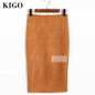 KIGO Autumn Women Suede Pencil Skirt High Waist Bodycon Midi Skirt Back Split Vintage Wine Red Elegant Women Skirt KK2966H
