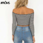 Aproms Elegant Stripe Off Shoulder Cropped T-shirt Women Autumn Long Sleeve Ruffles Crop Top Ladies Elastic Short Tee Red Camis