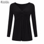 2017 ZANZEA Autumn Blusas Women Sexy Tops V Neck Long Sleeve Stretchy Shirt Solid Fold Casual Slim Pleated Blouse Plus Size