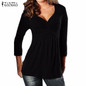 2017 ZANZEA Autumn Blusas Women Sexy Tops V Neck Long Sleeve Stretchy Shirt Solid Fold Casual Slim Pleated Blouse Plus Size