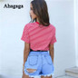 Ahagaga 2018 Spring Summer Tees T-shirt Women Tops Fashion Letter Print Striped Regular O-neck Casual Sexy Women T-shirts Blusas