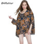 BHflutter 2018 Women Blouse Shirt Plus Size 4XL 5XL 6XL Batwing Sleeve Chiffon Tops Floral Print Casual Summer Blouses Blusas